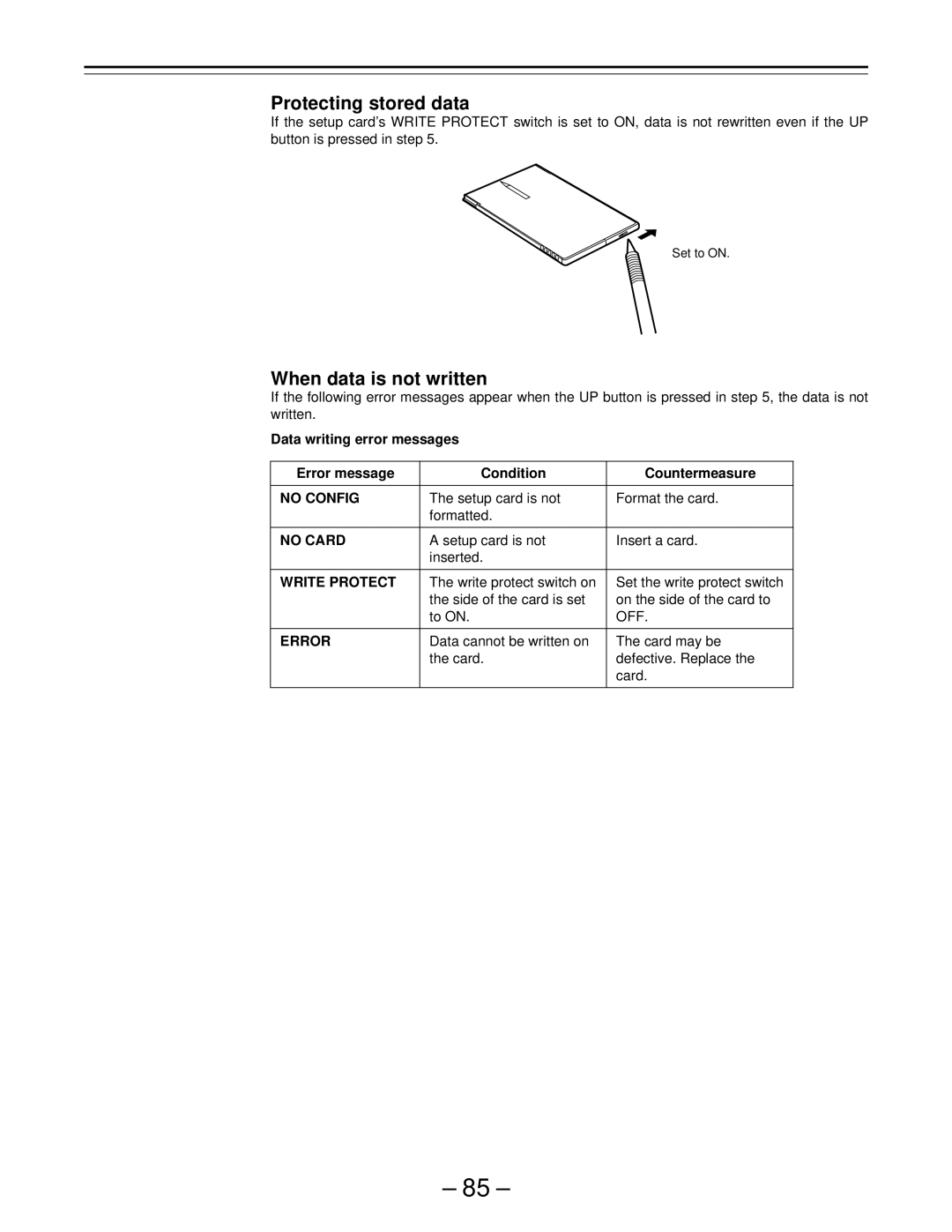 Panasonic PAJ- AJ- P Protecting stored data, When data is not written, Setup card is not Format the card Formatted 