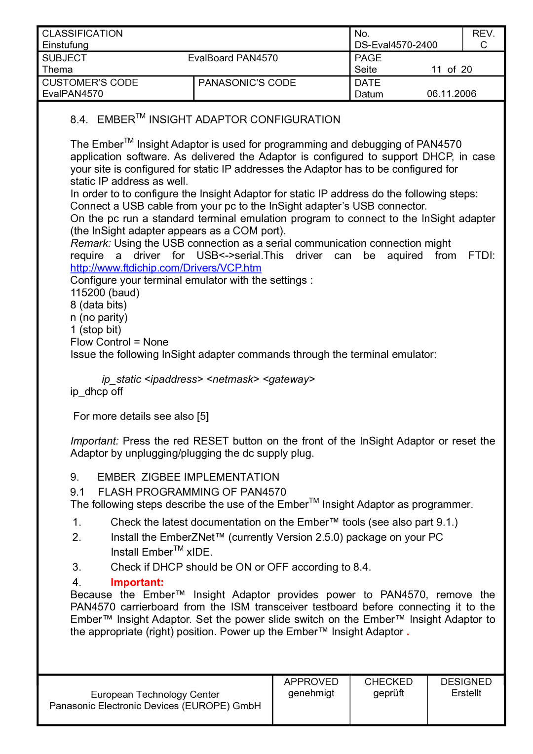 Panasonic manual Embertm Insight Adaptor Configuration, Ember Zigbee Implementation Flash Programming of PAN4570 