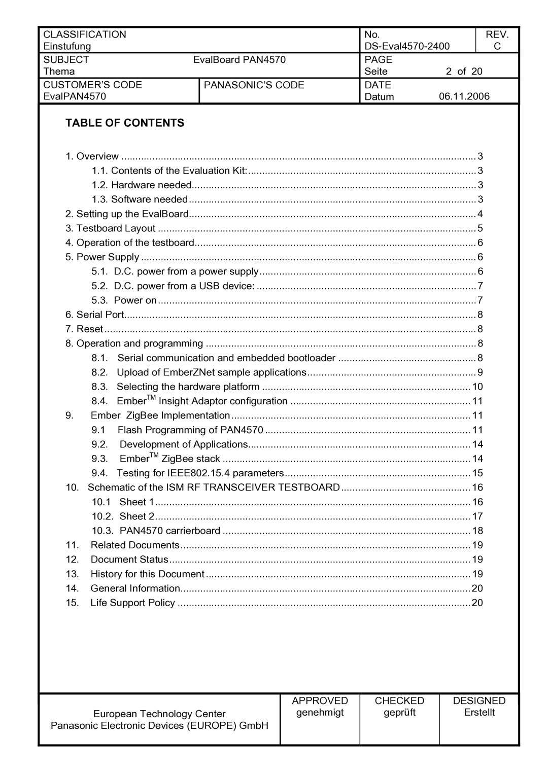 Panasonic PAN4570 manual Table of Contents 