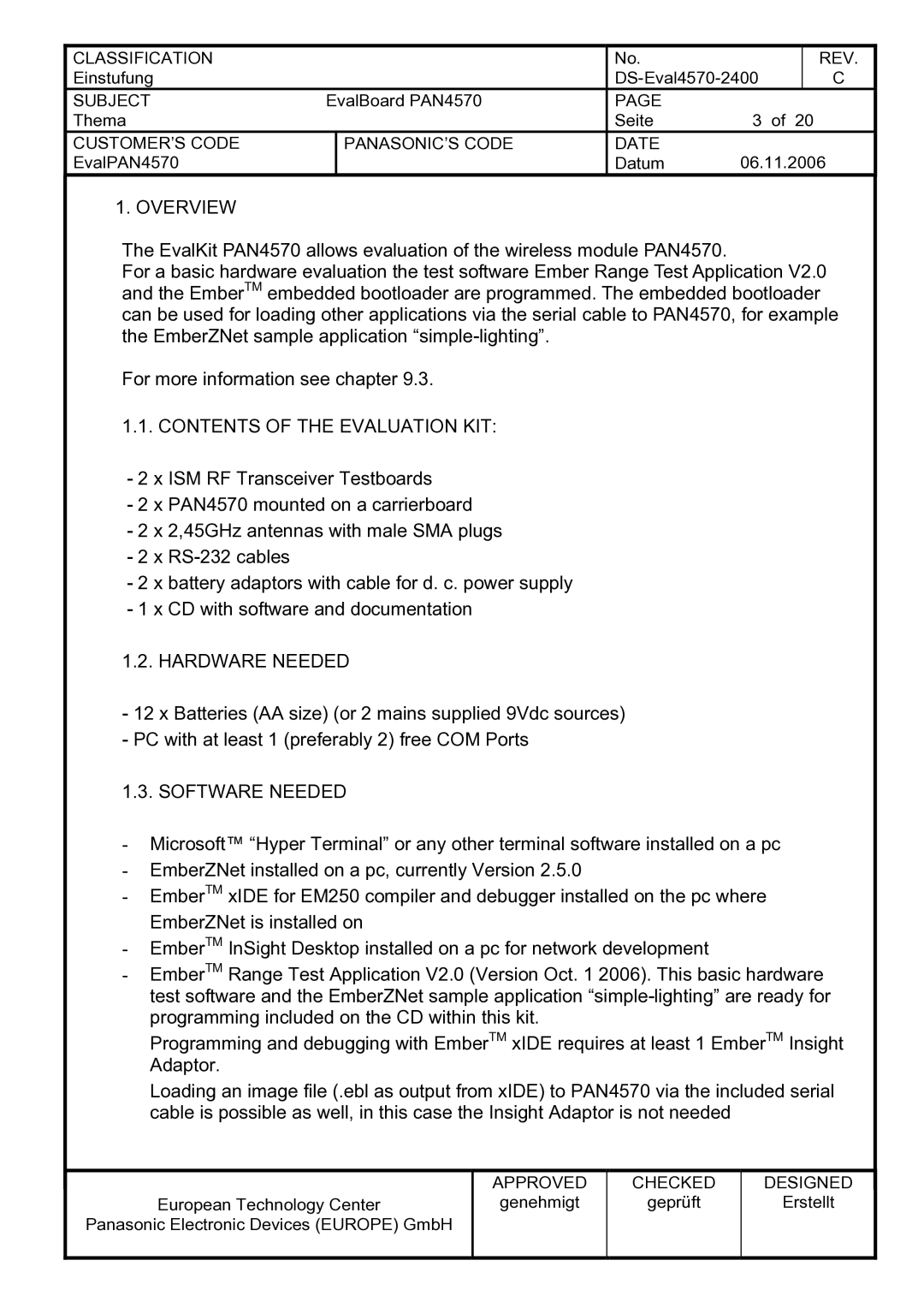 Panasonic PAN4570 manual Overview, Contents of the Evaluation KIT, Hardware Needed, Software Needed 