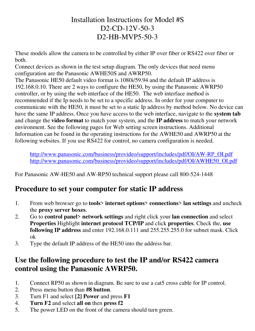 Panasonic panasonic installation instructions Procedure to set your computer for static IP address 