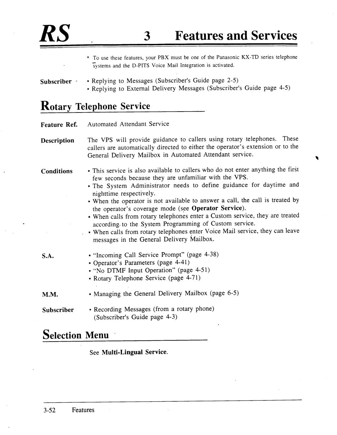 Panasonic panasonic manual Rotary Telephone Service, Selection Menu, See Multi-Lingual Service Features 