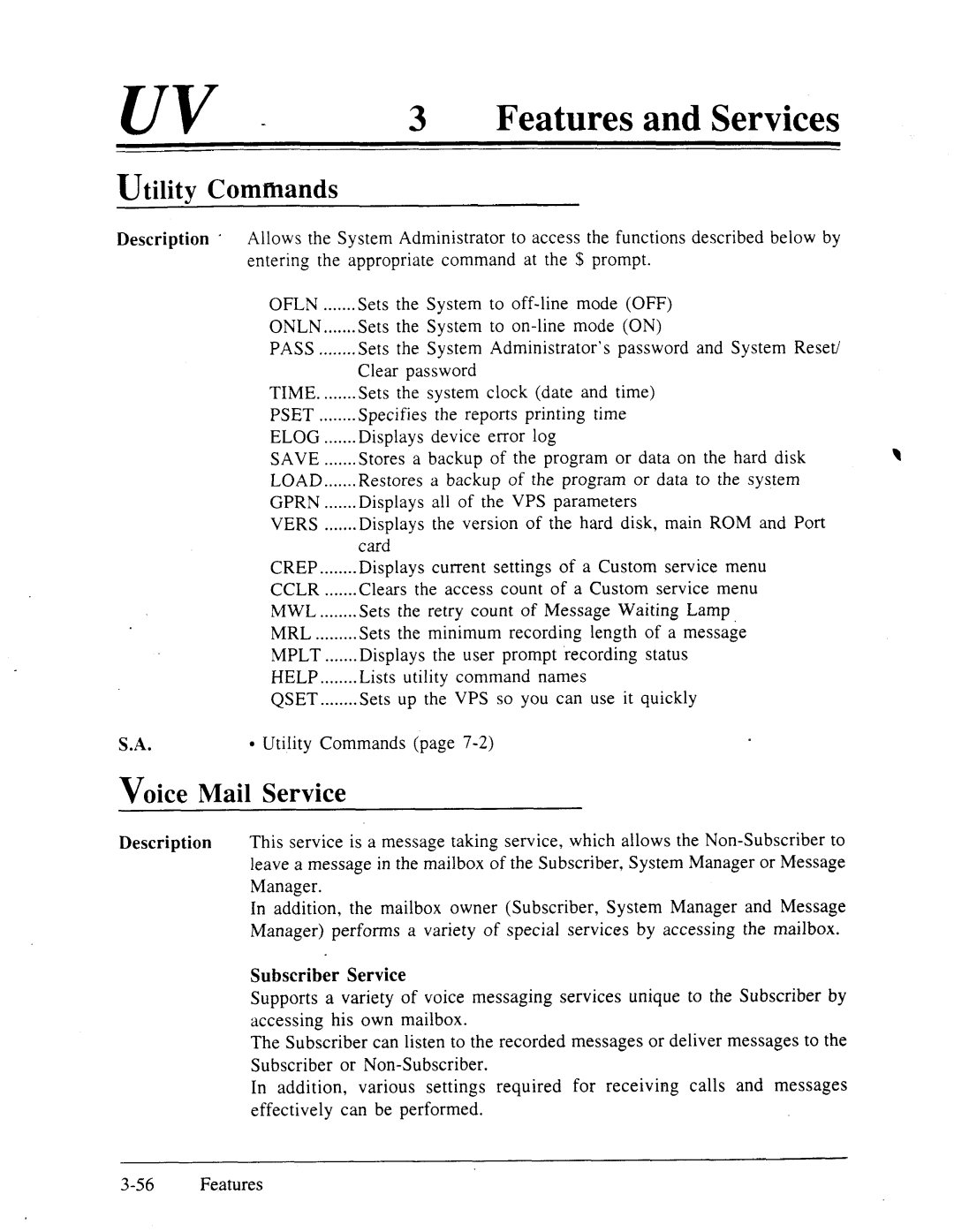 Panasonic panasonic manual Utility Commands, Voice Mail Service 