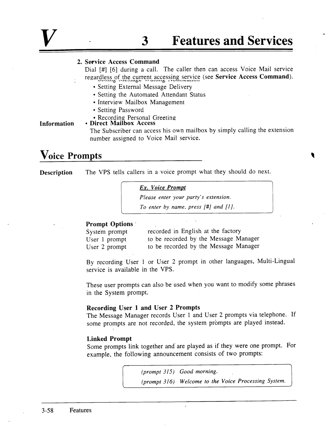 Panasonic panasonic manual Voice Prompts, Service Access Command, Good morning, 316 