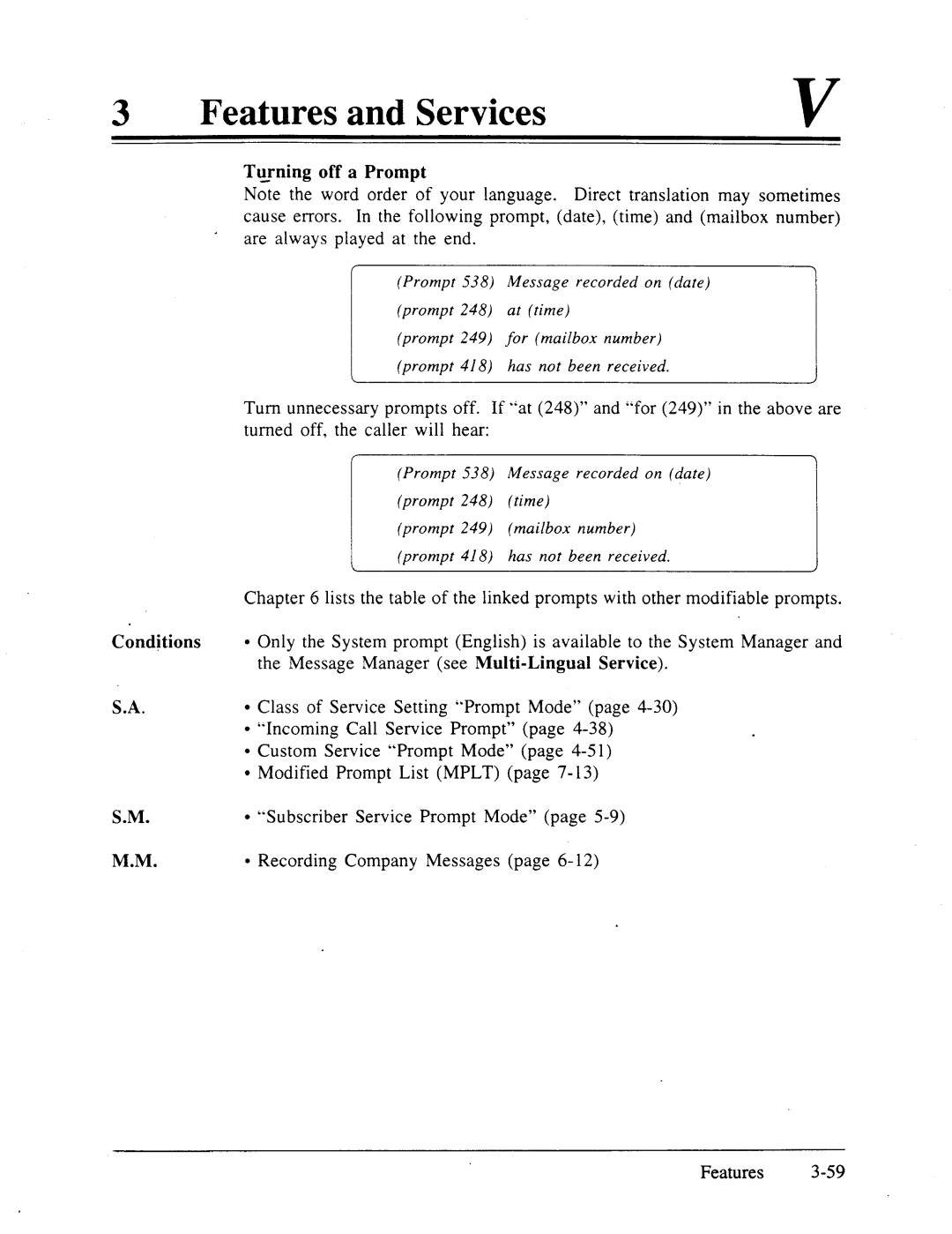 Panasonic panasonic manual Turning off a Prompt, Prompt 538 Message recorded on date prompt 248 at time 