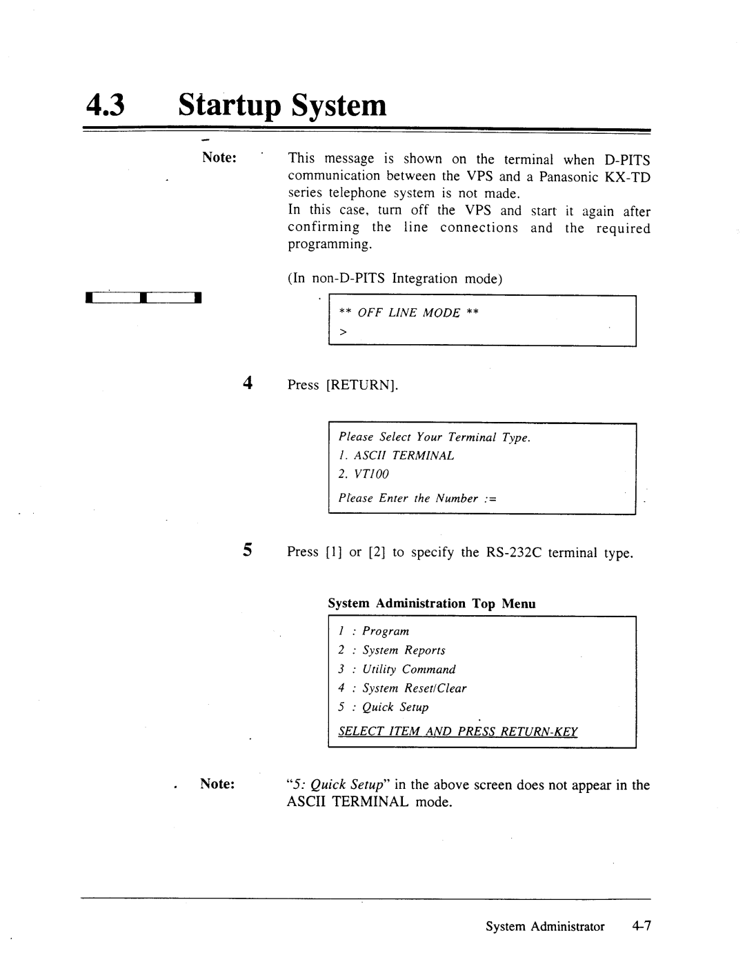 Panasonic panasonic manual 43lStartup System, Press Return, Press l or 2 to specify the RS-232C terminal type 