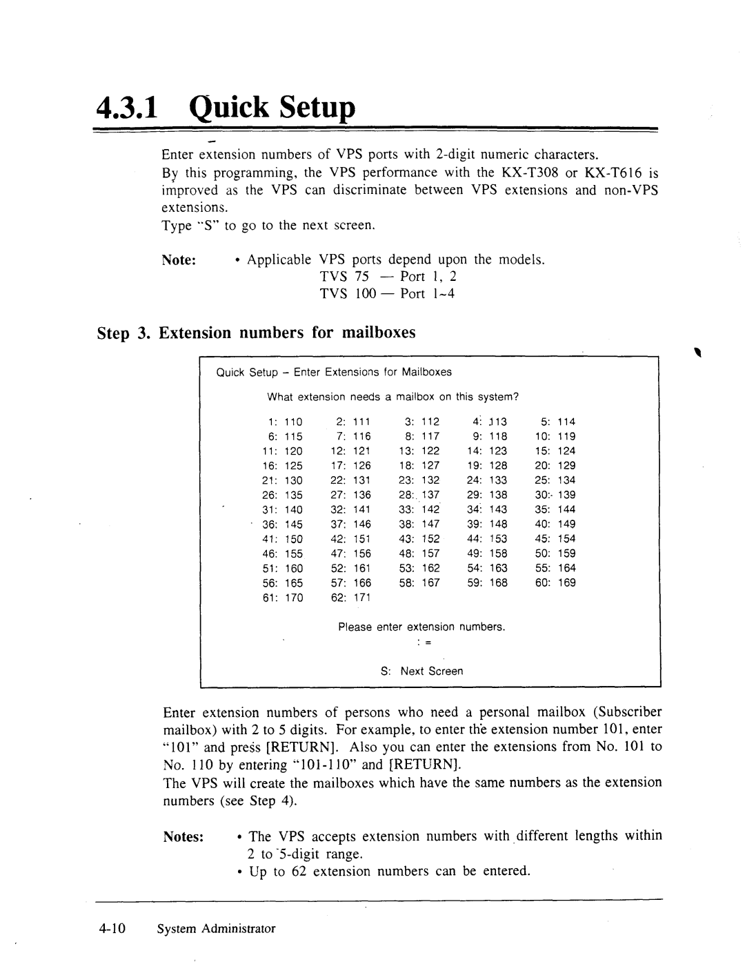 Panasonic panasonic manual Extension numbers for mailboxes 