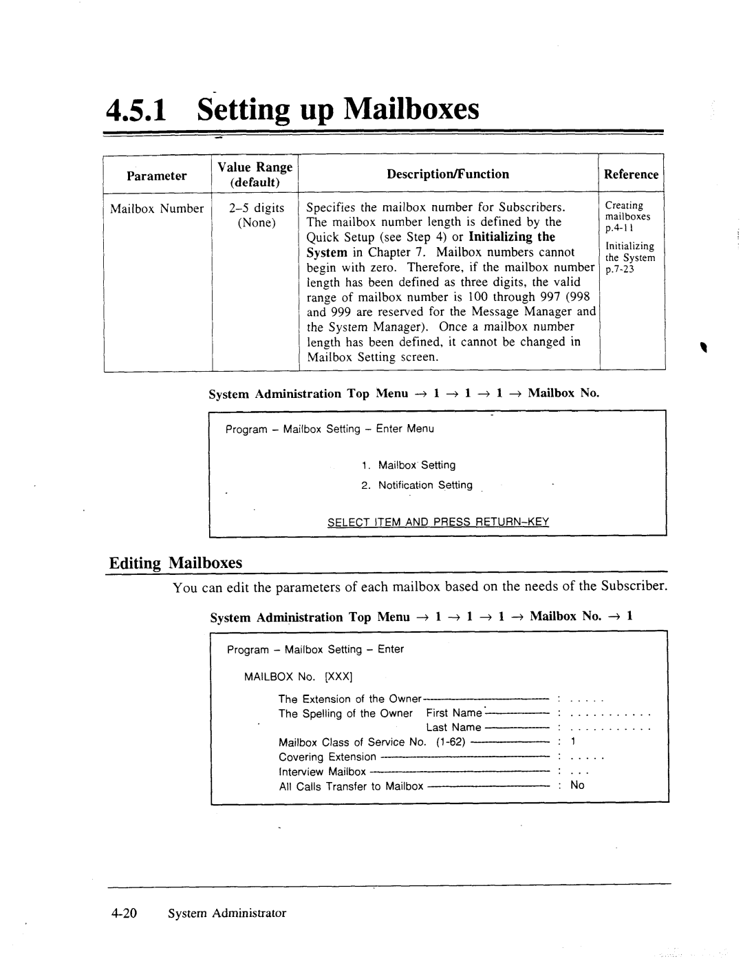 Panasonic panasonic manual Editing Mailboxes, Value Range Parameter Default Mailbox Number 2-5 digits, Description/Function 