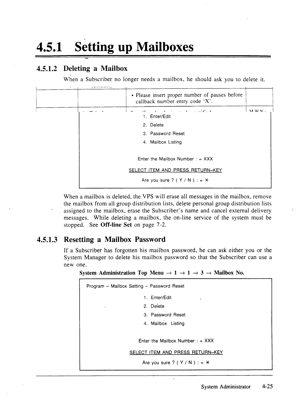 Panasonic panasonic manual Deleting a Mailbox, Resetting a Mailbox Password 