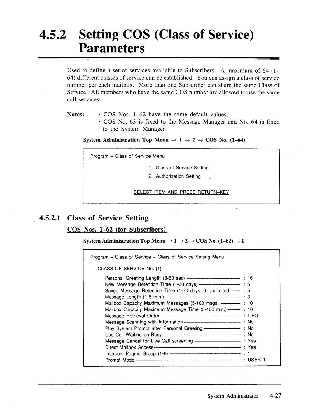 Panasonic panasonic manual Setting COS Class of Service Parameters, Class of. Service Setting 