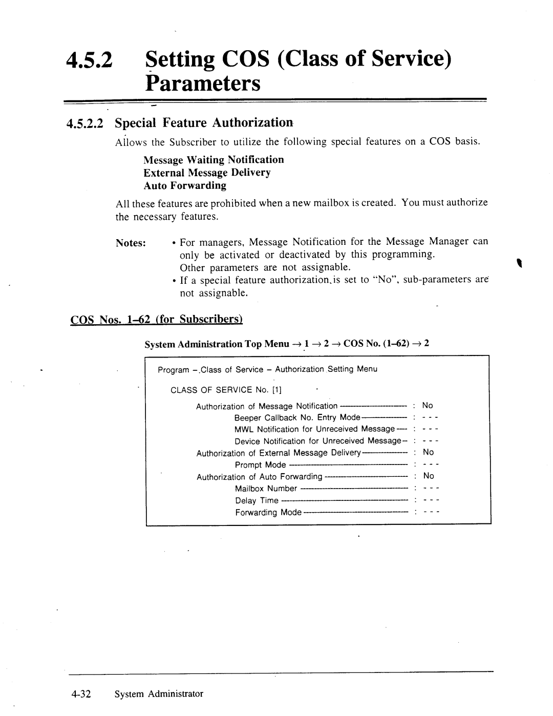 Panasonic panasonic manual Special Feature Authorization, System Administration Top Menu -+ 1 + 2 + COS No. l-62 + 