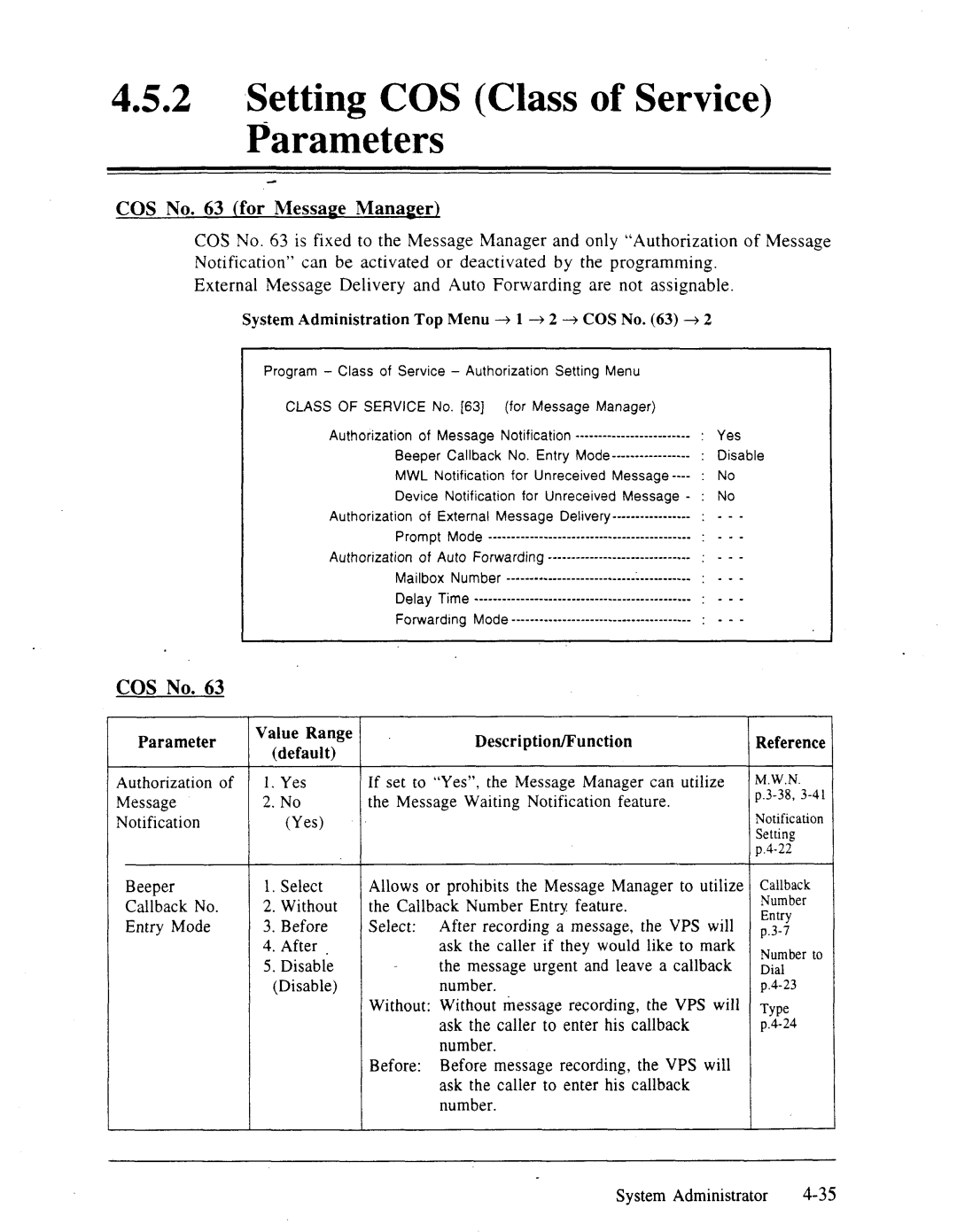 Panasonic panasonic 2 ,Setting COS Class of Service Parameters, Authorization Yes Message Notification, Disable Number 