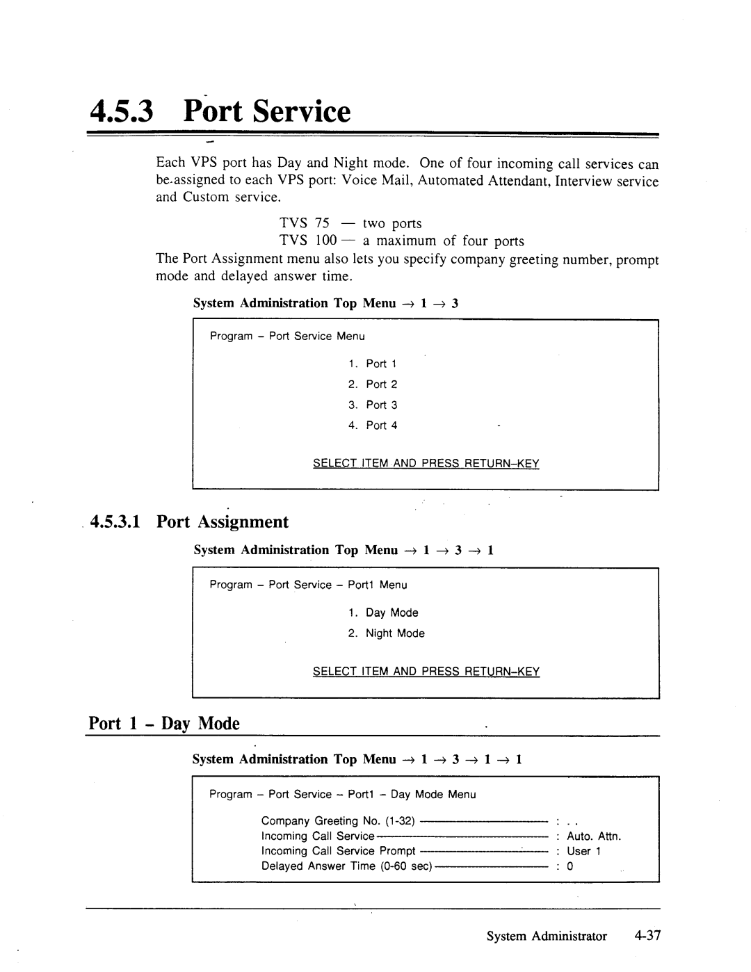 Panasonic panasonic manual Port Service, Port Assignment, Port 1 Day Mode, System Administration Top Menu 4 1 + 3 + 