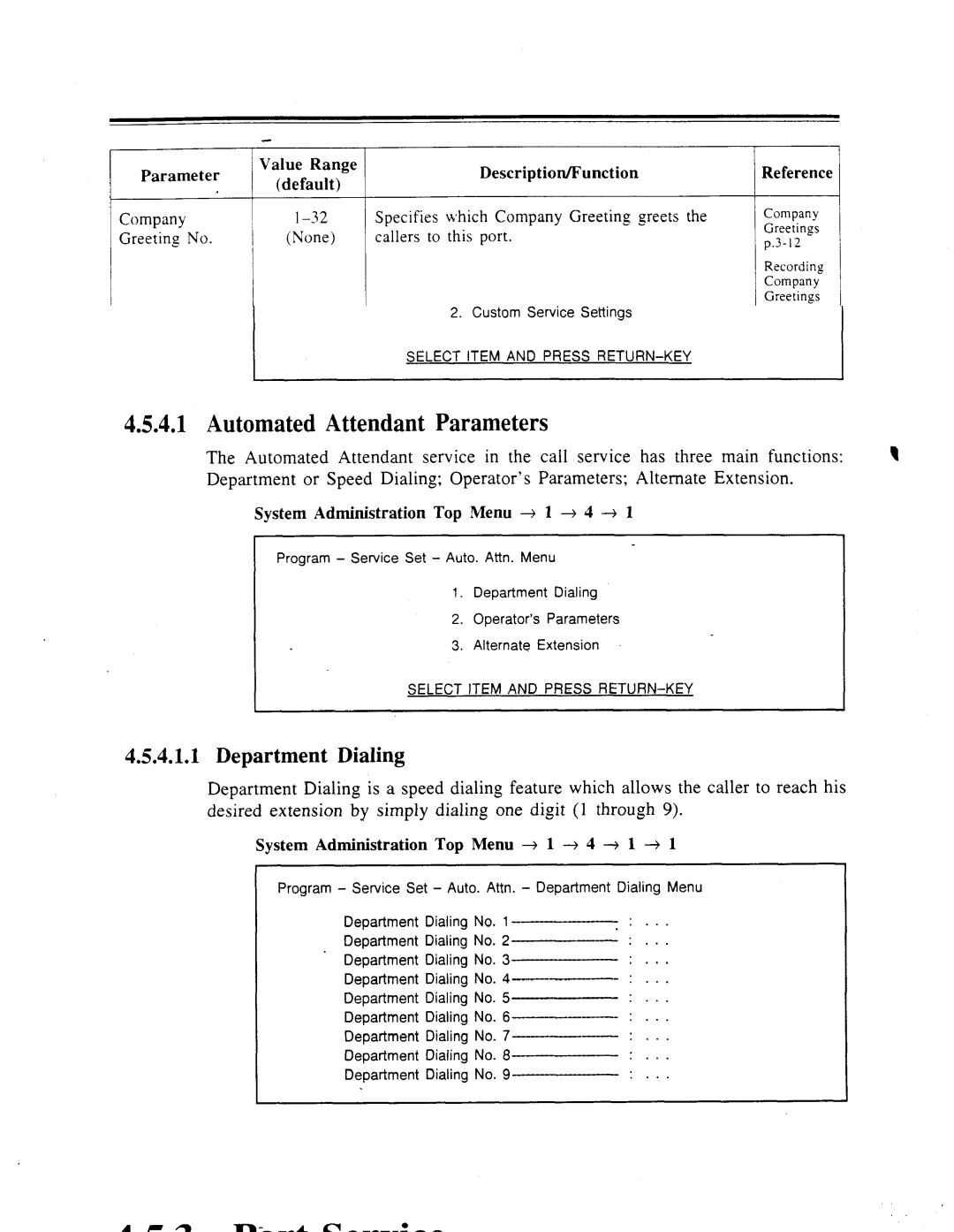 Panasonic panasonic manual Sixvice Settings, Automated Attendant Parameters, Department Dialing 