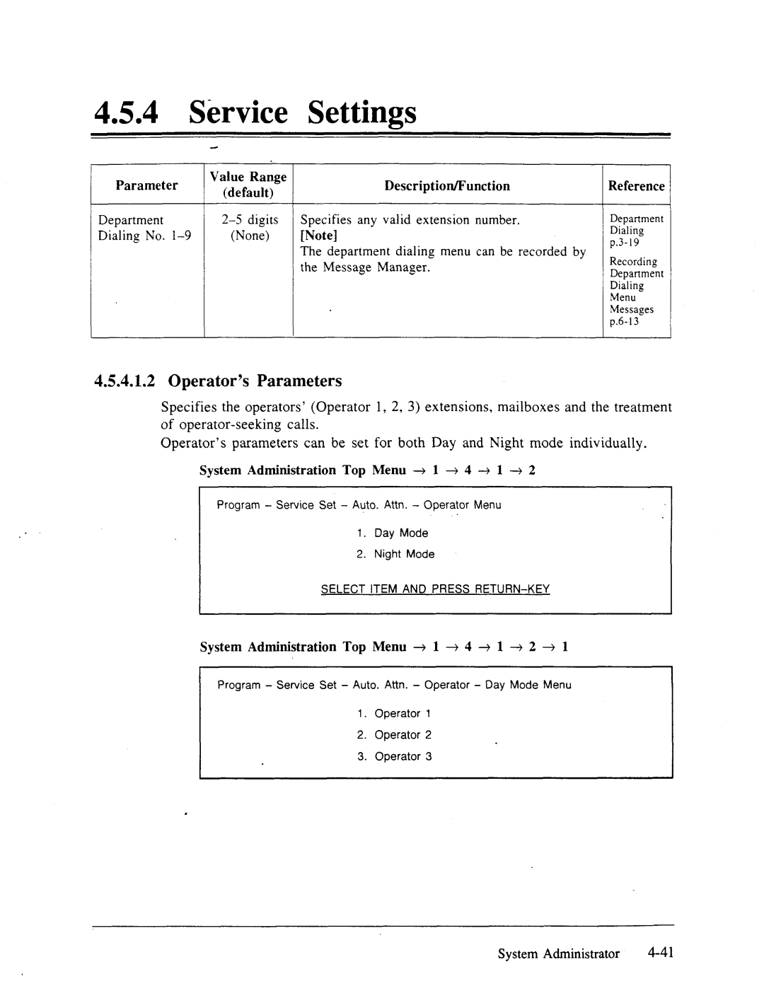 Panasonic panasonic manual Service Settings, Operator’s Parameters, Specifies any valid extension number, Dialing No 