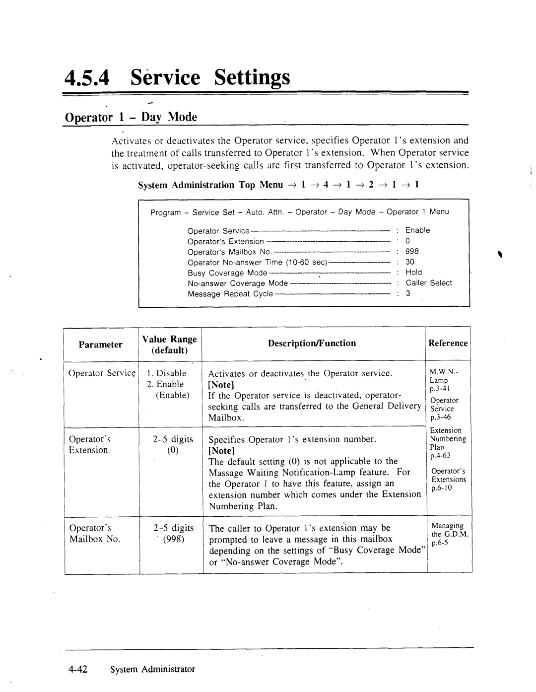 Panasonic panasonic Service Settings, ODerator 1 Day Mode, Operator Service 1. Disable, Value Range Parameter Default 