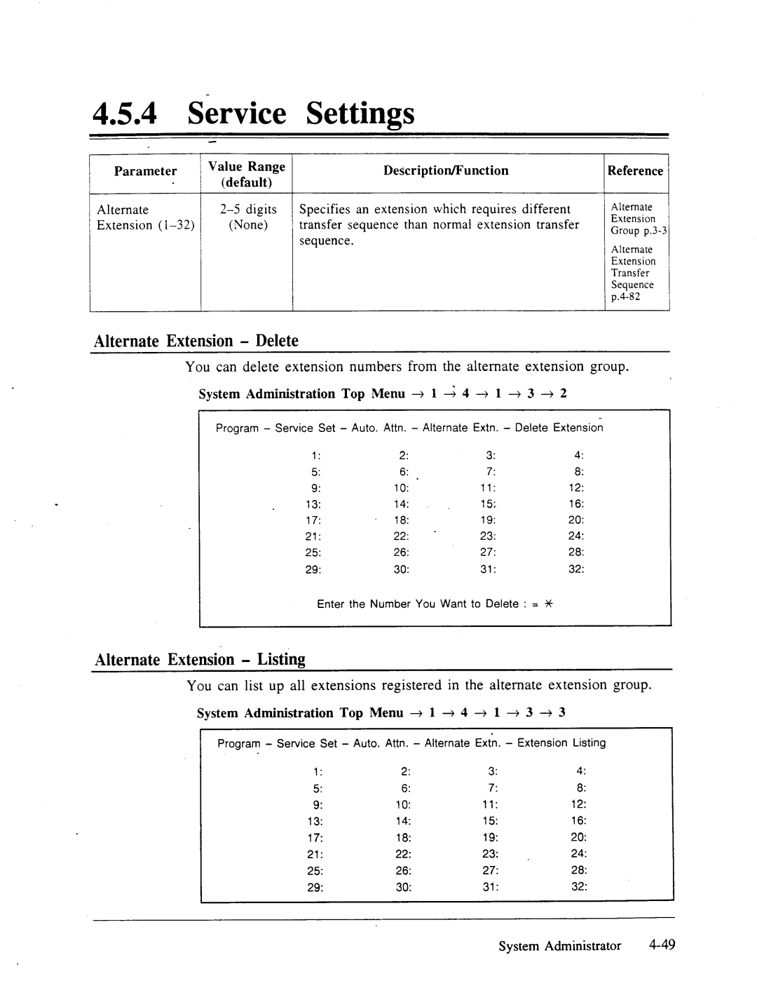 Panasonic panasonic manual Alternate Extension- Delete, Alternate Extension- Listing 