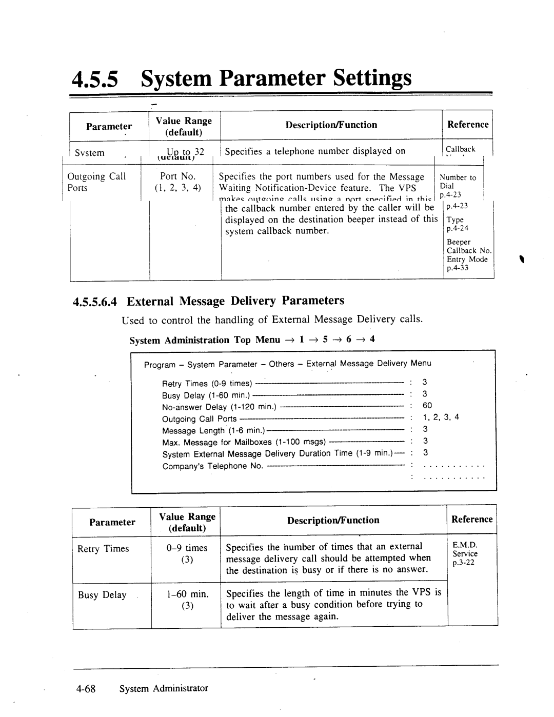 Panasonic panasonic manual ‘ 4.5.5.6.4 External Message Delivery Parameters, System Callback No, 68System Administrator 