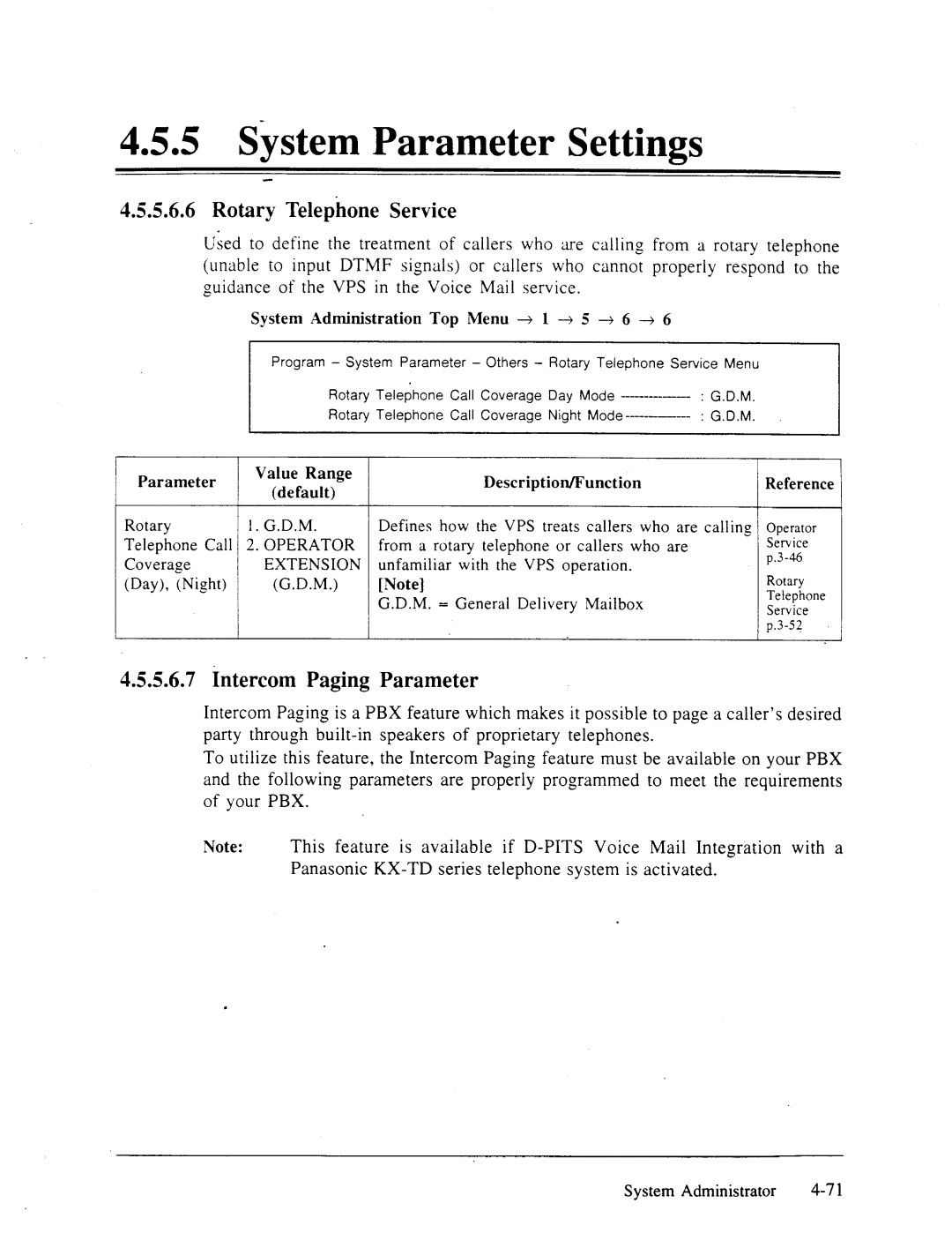 Panasonic panasonic Rotary Telephone Service, Intercom Paging Parameter, System Administration Top Menu + 1 -+ 5 + 6 -+ 