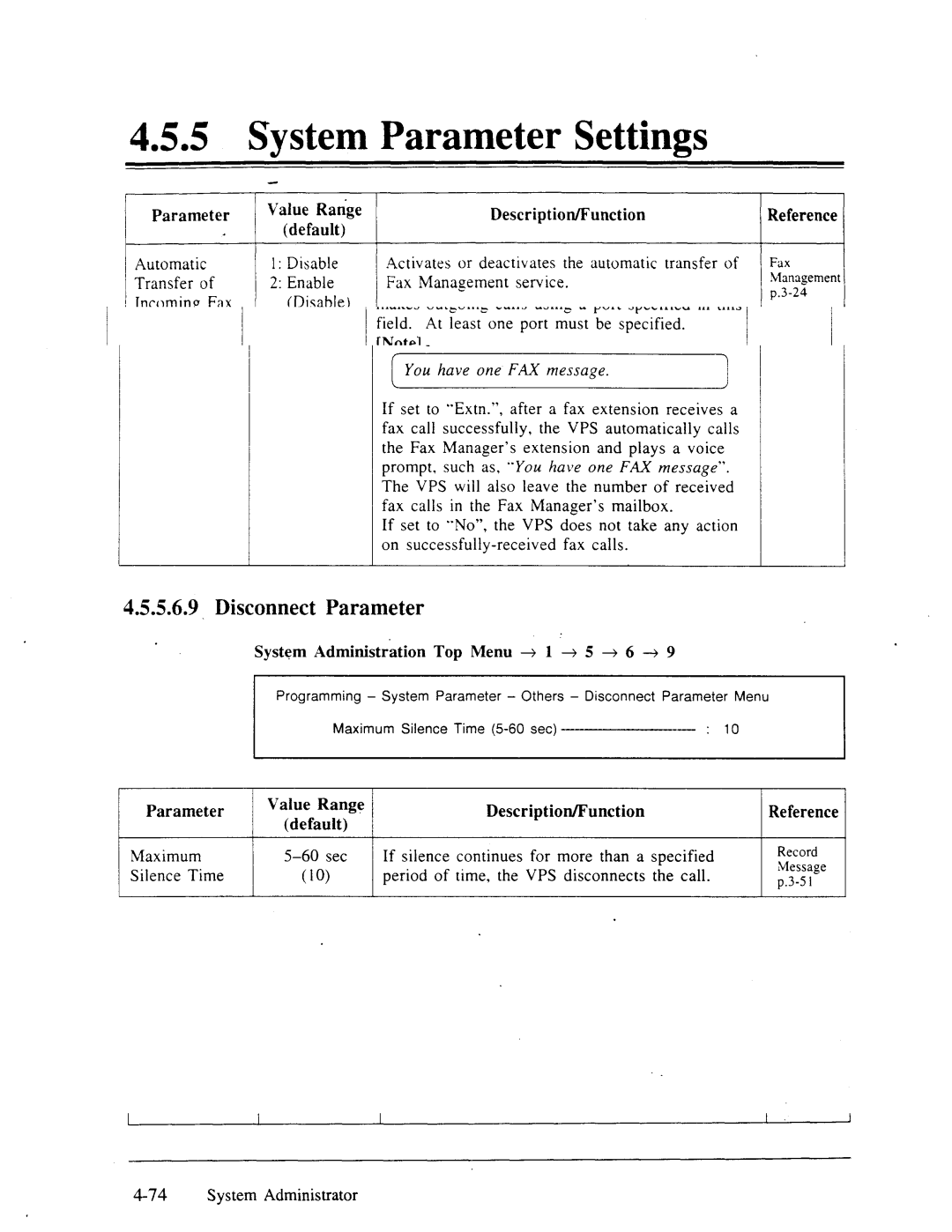 Panasonic panasonic manual Disconnect Parameter, Silence Time Description/Function 