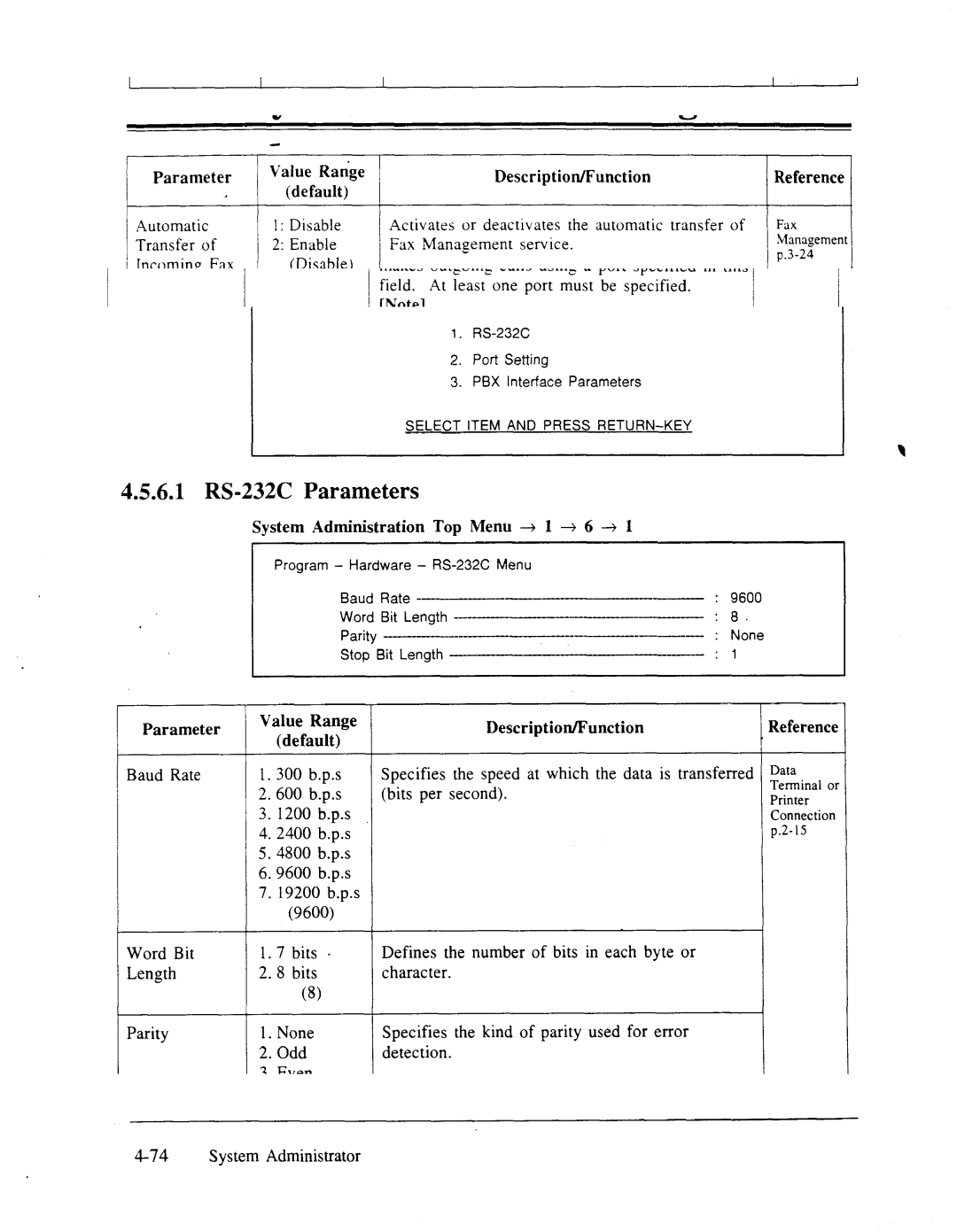 Panasonic panasonic manual Hardware Settings, 6.1 RS-232C Parameters 