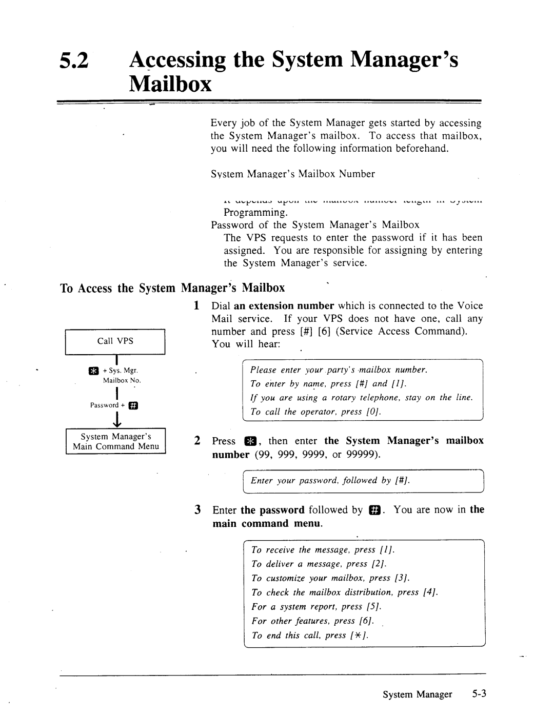 Panasonic panasonic manual 52lAccessing the System Manager’s Mailbox, To Access the System Manager’s Mailbox 