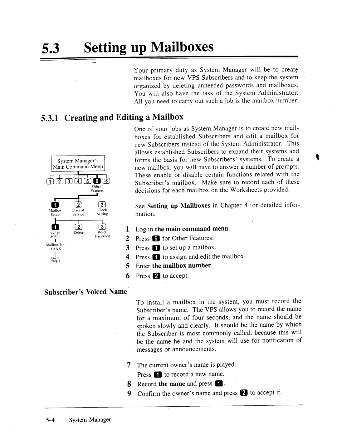 Panasonic panasonic manual 53lSetting up Mailboxes, Creating and Editing a Mailbox, Subscriber’s VoicedName 