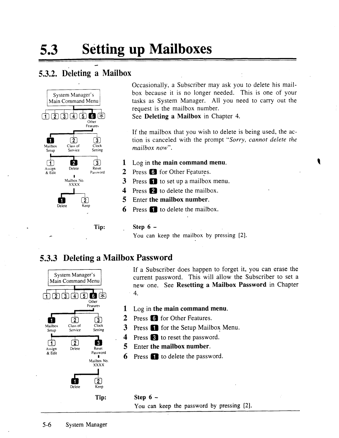 Panasonic panasonic manual 53a Setting up Mailboxes, Deleting a Mailbox Password, Xxxx, Tip Step 