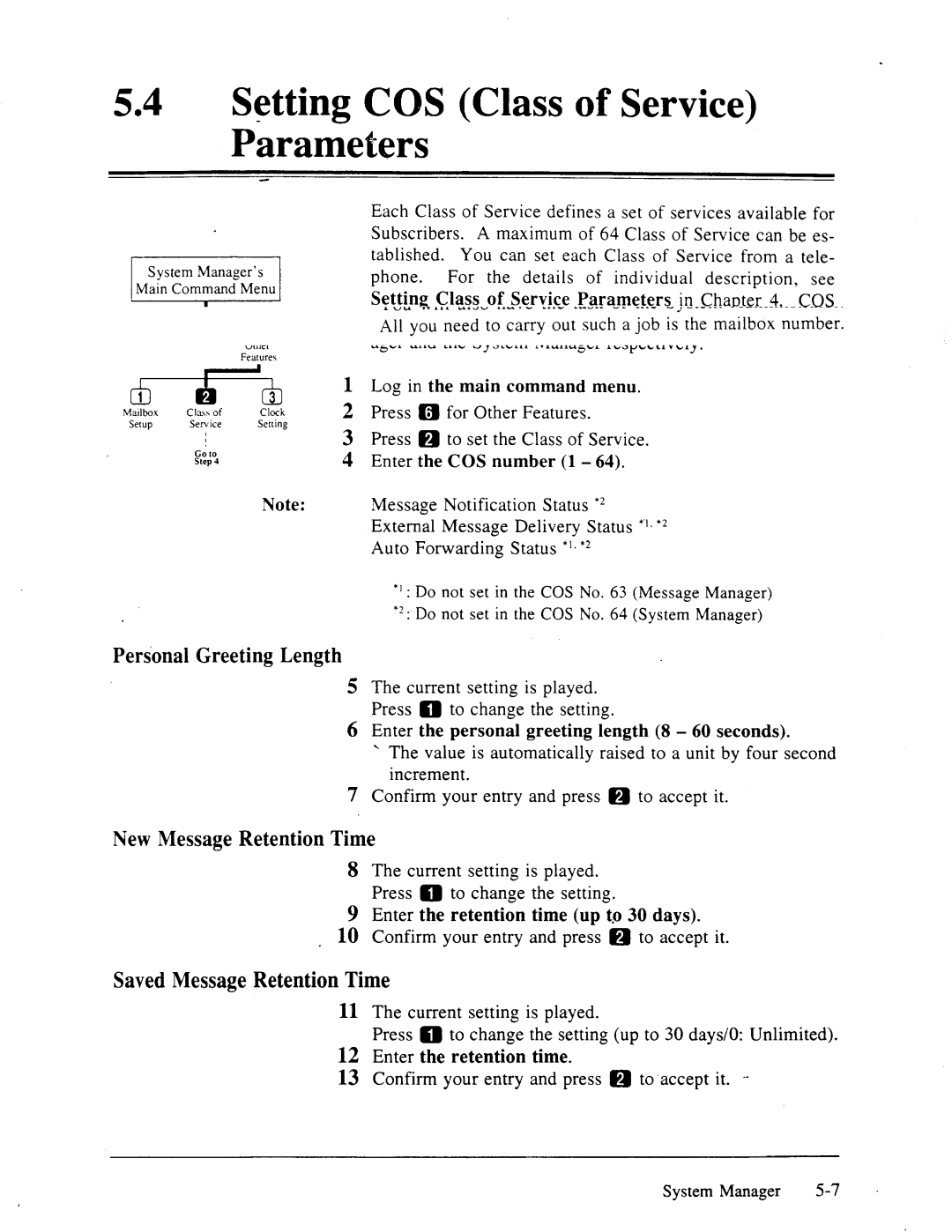 Panasonic panasonic manual 54lSetting COS Class of Service Parameters, Personal Greeting Length, New Message Retention Time 