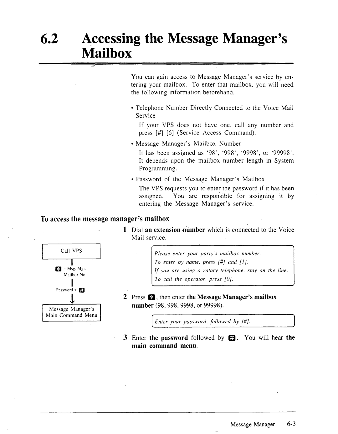 Panasonic panasonic 62lAccessing the Message Manager’s Mailbox, To accessthe messagemanager’smailbox, Ca,,v Mail service 