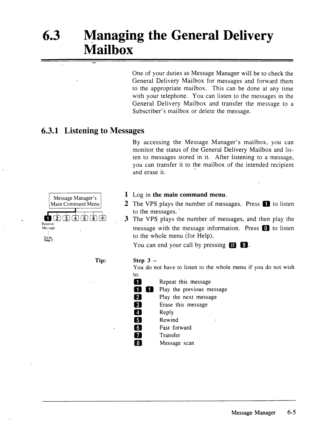 Panasonic panasonic manual 63a Managing the General Delivery Mailbox, Listening to Messages 