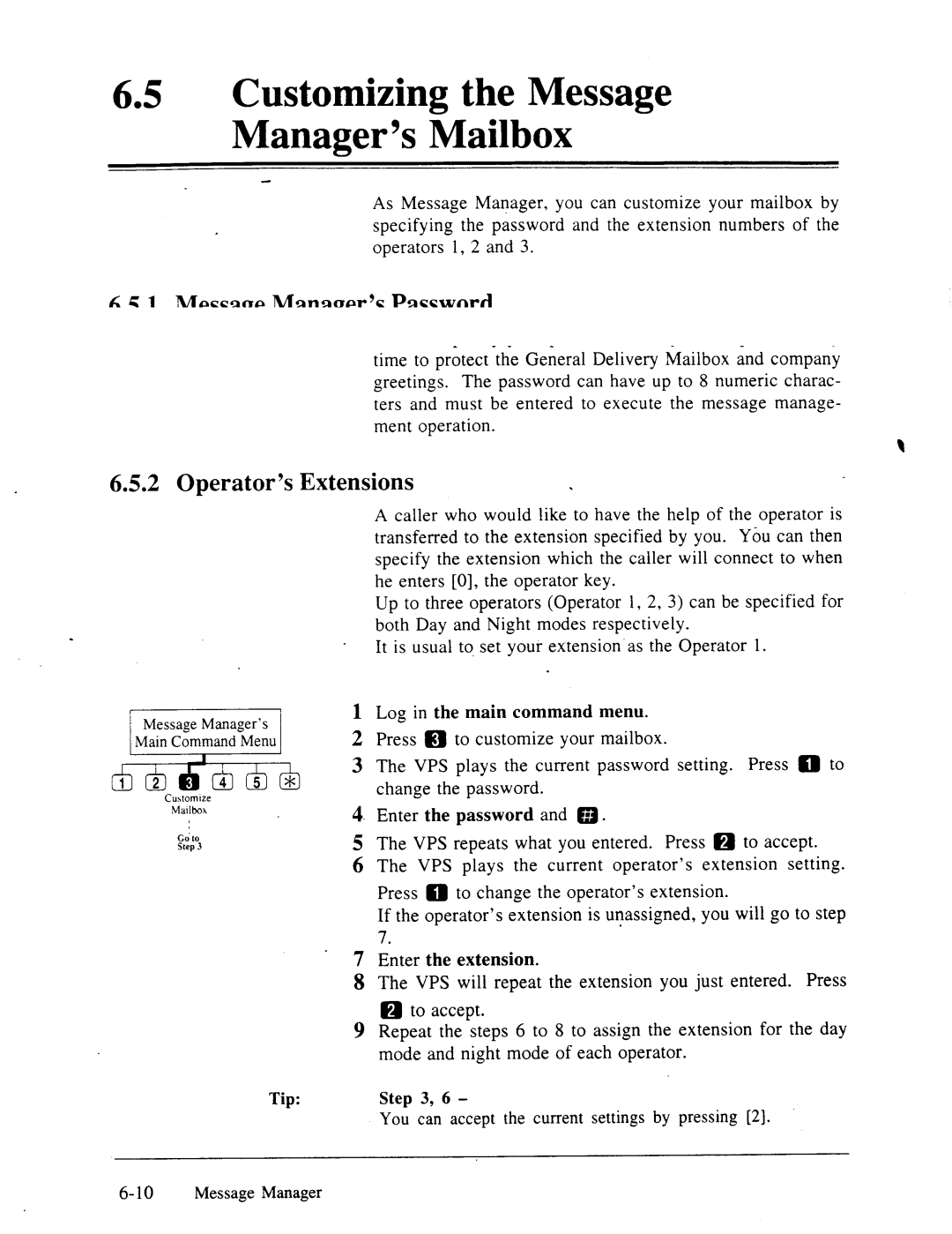 Panasonic panasonic manual 65lCustomizing the Message Manager’s Mailbox, Message Manager’s Password, Operator’s Extensions 