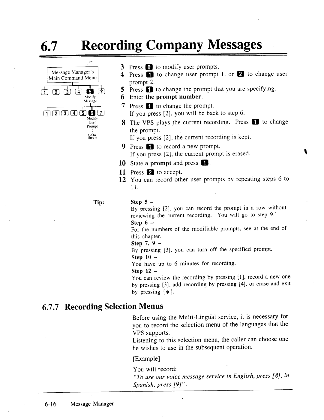 Panasonic panasonic manual 67a Recording Company Messages, Recording Selection Menus 