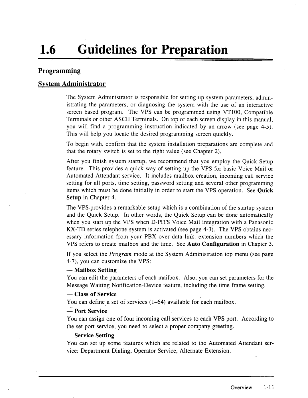 Panasonic panasonic manual 16lGuidelines for Preparation, Programming System Administrator 