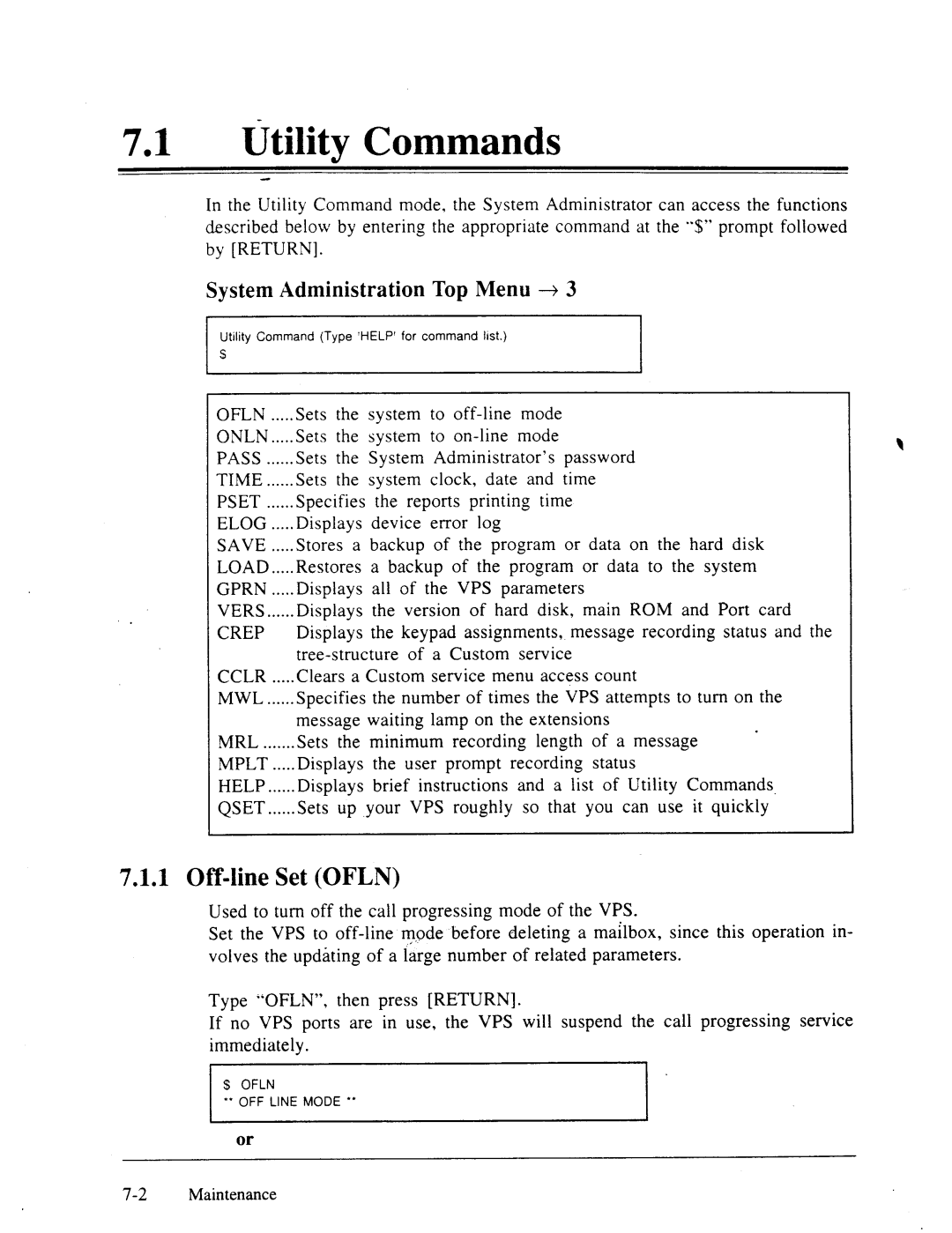 Panasonic panasonic manual 71lUtility Commands, Off-line Set Ofln, System Administration Top 