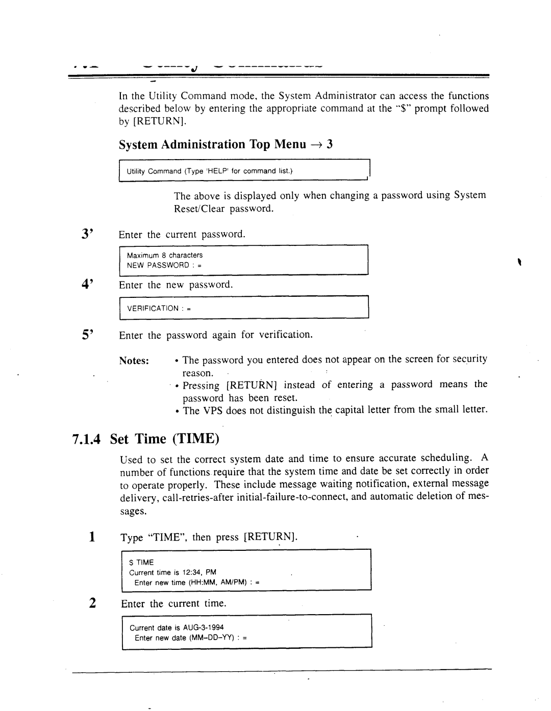 Panasonic panasonic manual Utility Commands, Set Time Time, Changing a Password Select l or, Enter the new password 