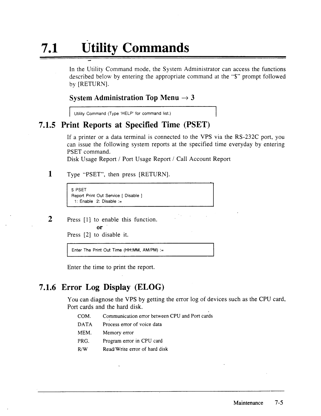 Panasonic panasonic manual Print Reports at Specified Time Pset, Error Log Display Elog, Enter the time to print the report 