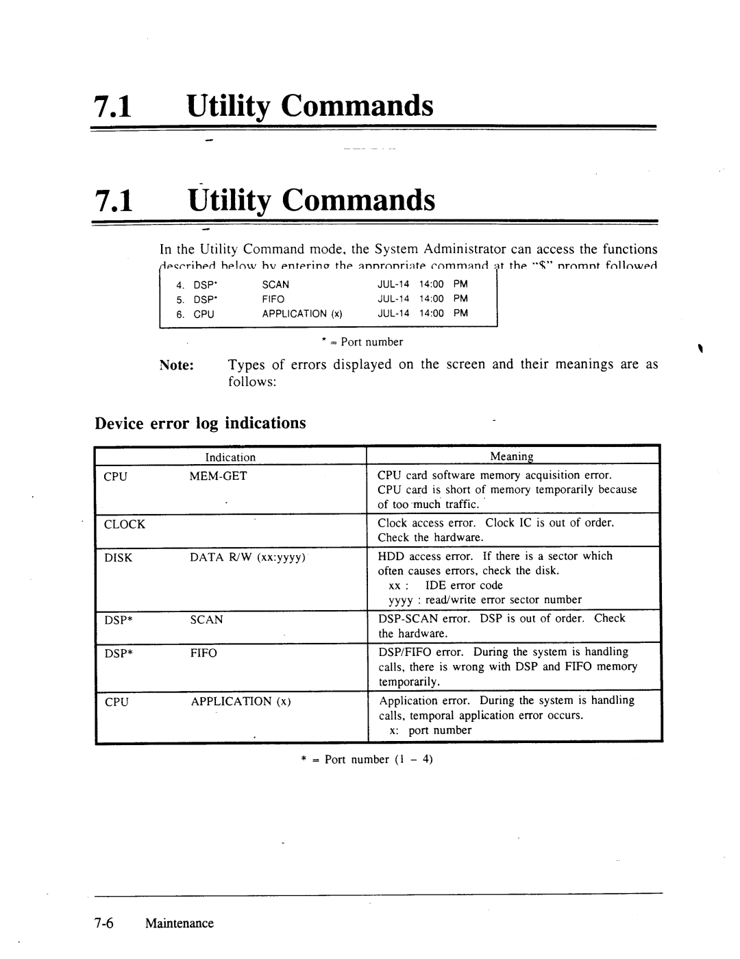 Panasonic panasonic manual 71a Utility Commands, Device Error log indications, Type ELOG, then press Return, Follows 