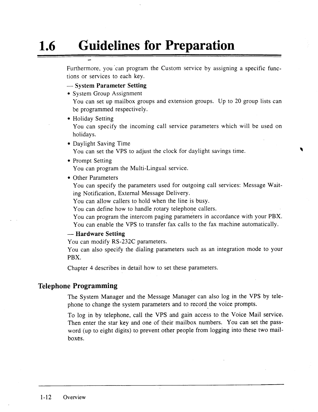 Panasonic panasonic manual Guidelines for Preparation, Telephone Programming 