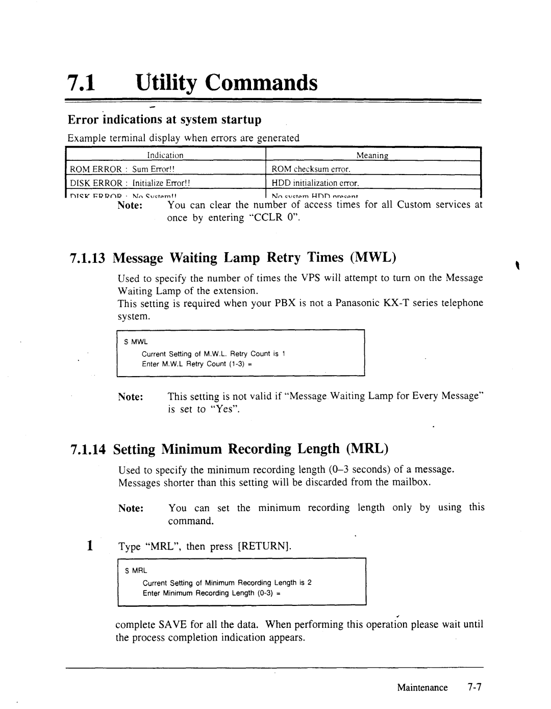 Panasonic panasonic manual 71lUtilitymCommands, Message Waiting Lamp Retry Times MWL, Setting Minimum Recording Length MRL 