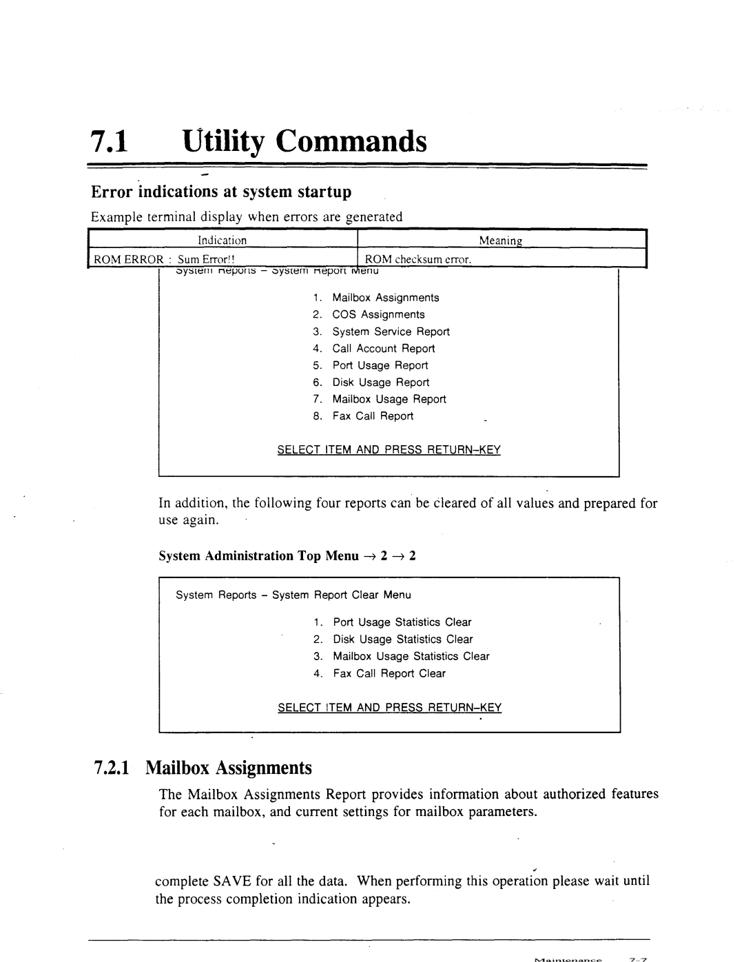 Panasonic panasonic manual 72lSystem Reports, Mailbox Assignments, System Administration Top Menu + 2 + 