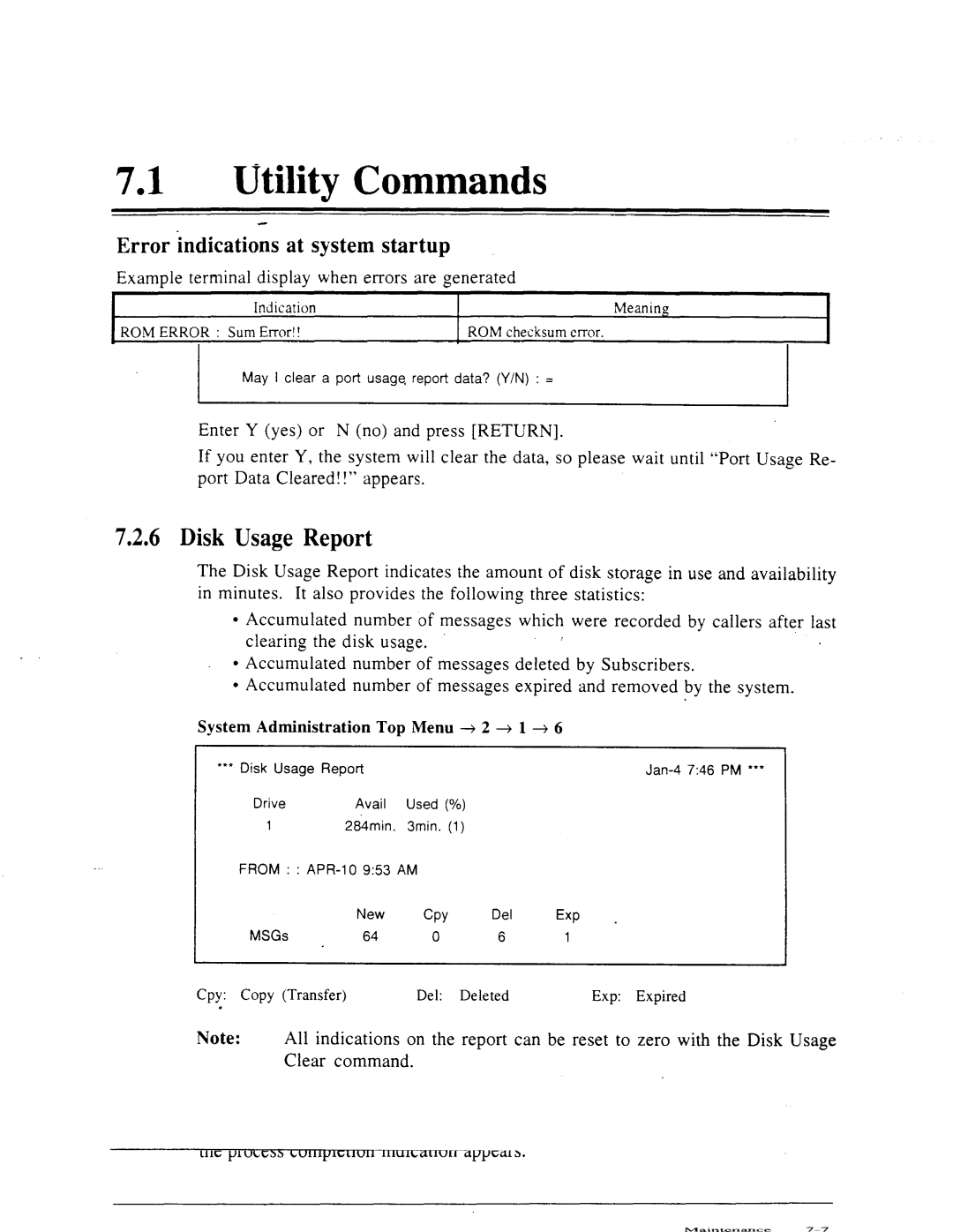 Panasonic panasonic manual Port UsageStatistics Clear, Disk UsageReport, On the report, Clear command Maintenance 