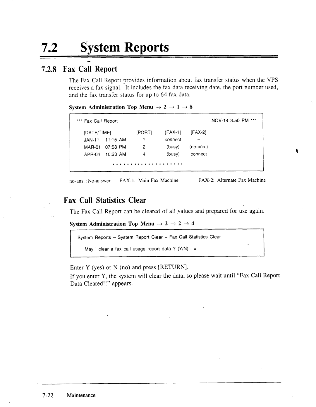 Panasonic panasonic manual Fax Call Report, Fax Call StatisticsClear, System Administration Top Menu -+ 2 -+ 1 + 