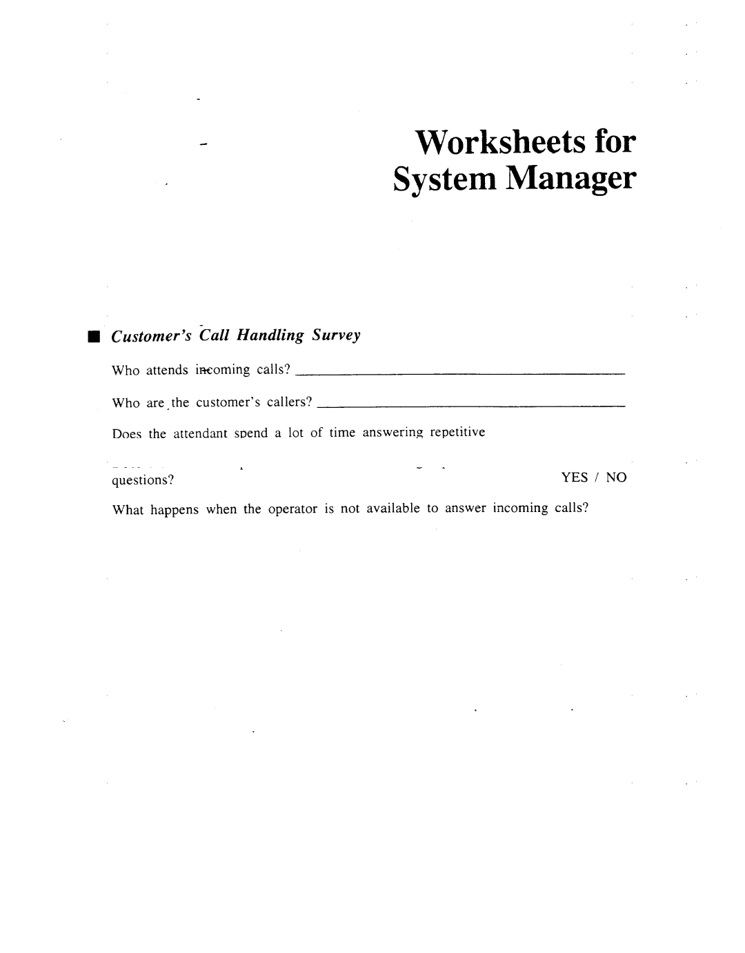 Panasonic panasonic manual Worksheets for System Manager 