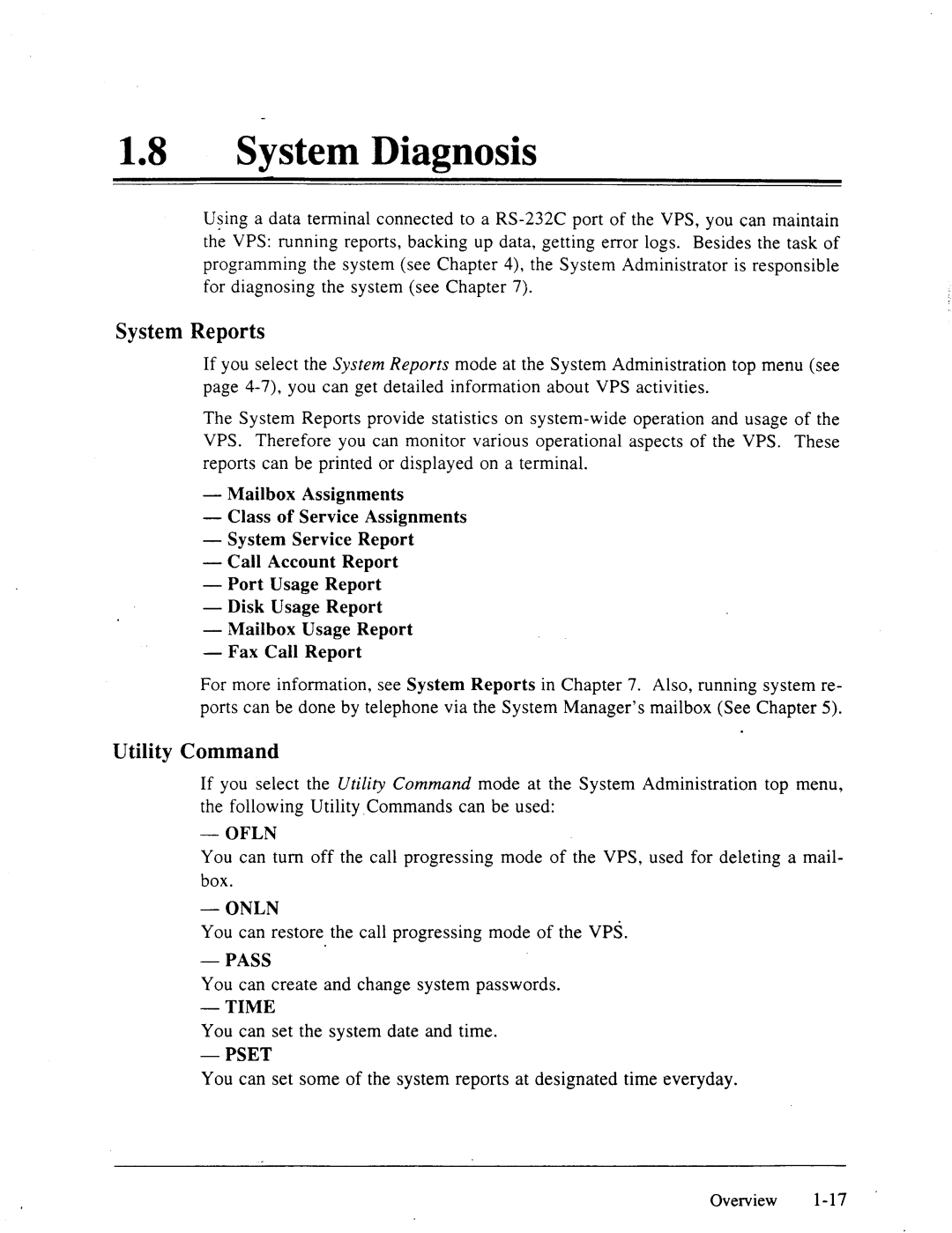 Panasonic panasonic manual 18lSystem Diagnosis, System Reports, Utility Command 