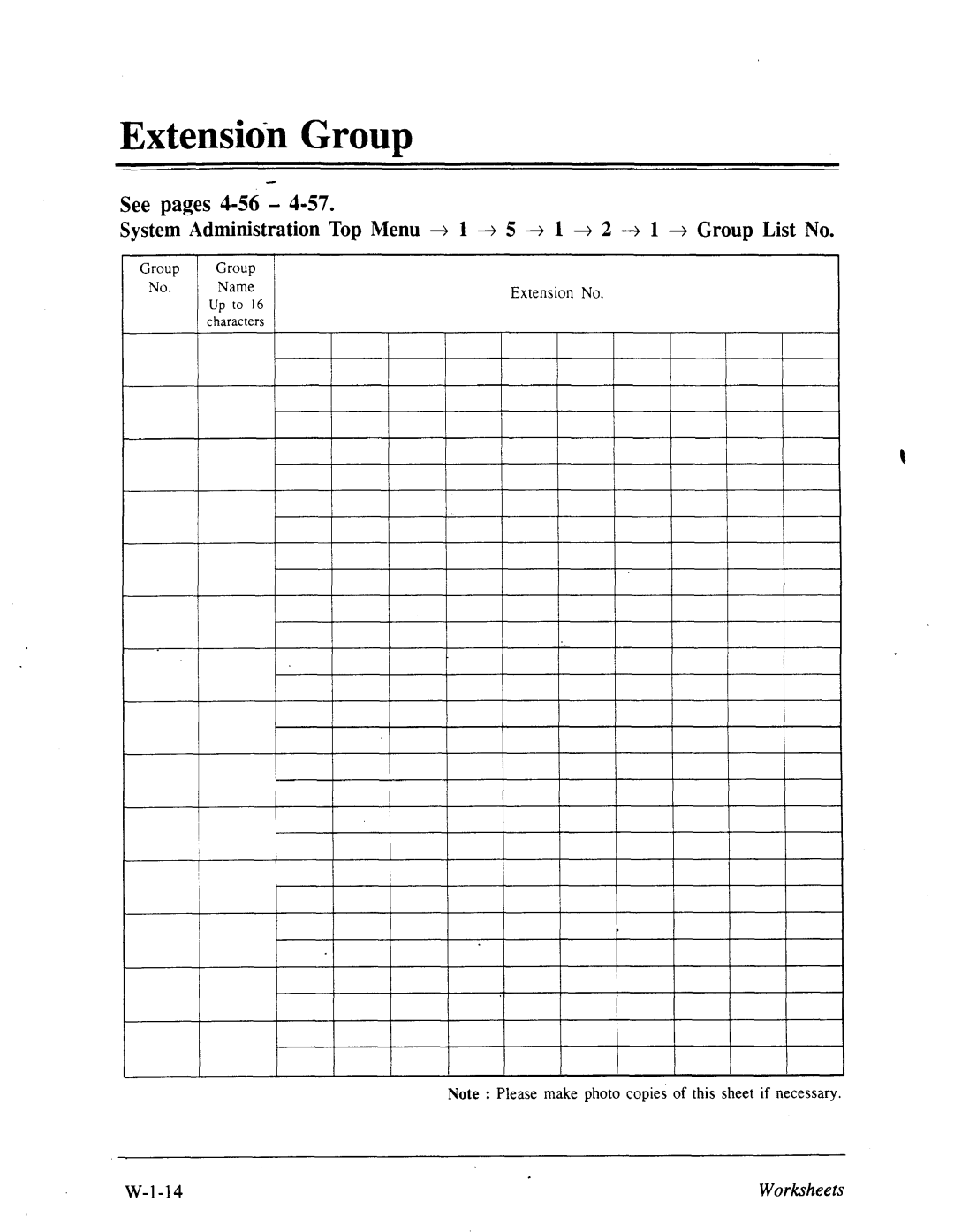 Panasonic panasonic manual Extension Group, Extension No Worksheets 