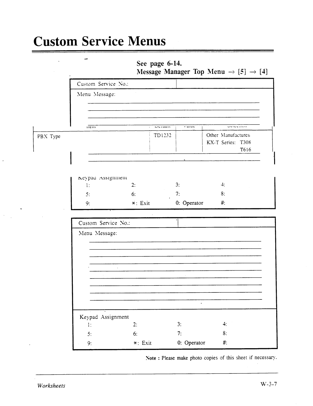 Panasonic panasonic manual Custom Service Menus, See Message ‘Manager Top Menu -+ S +, Custom Service No. Llenu \lessage 