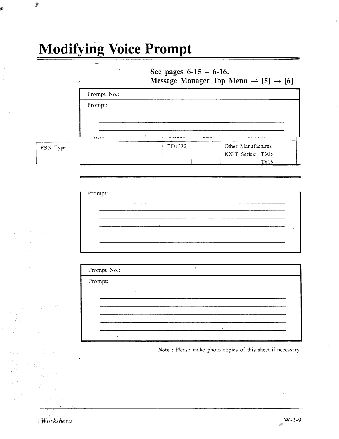 Panasonic panasonic manual Modifying Voice Prompt, See pages 6- 15 Message Manager Top Menu -+ 5 +, Prompt No 