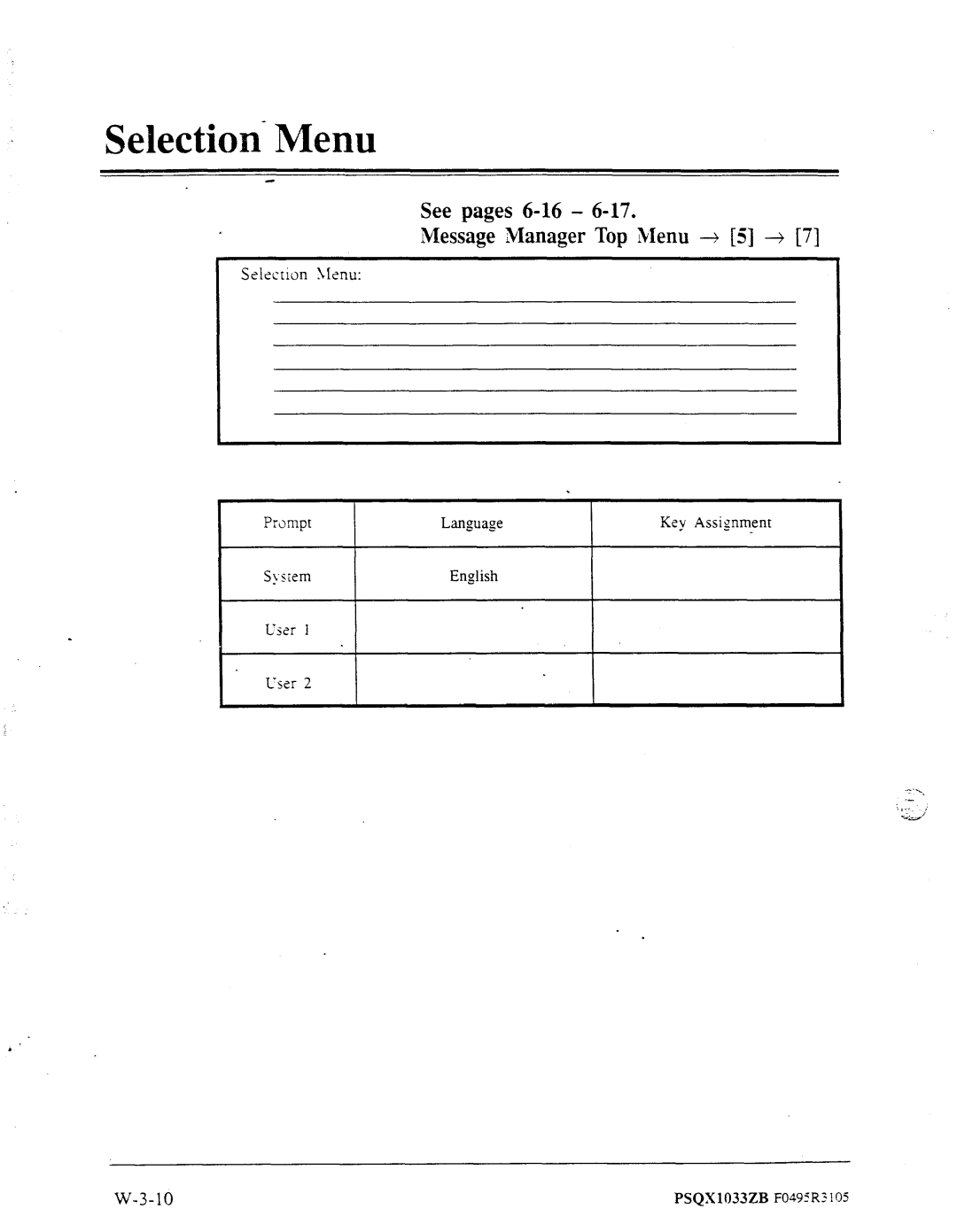 Panasonic panasonic manual Selection- Menu, See pages 6-16 Message Manager Top Menu + 5 + 