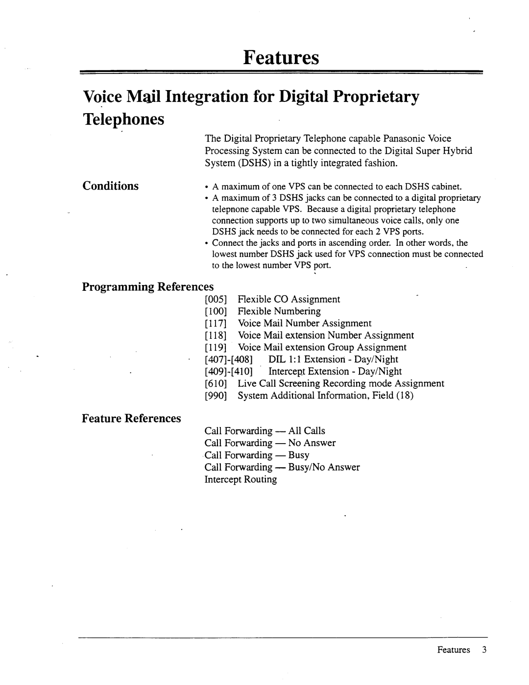 Panasonic panasonic manual Conditions, Programming References, Feature References, Voice Mail Number Assignment 